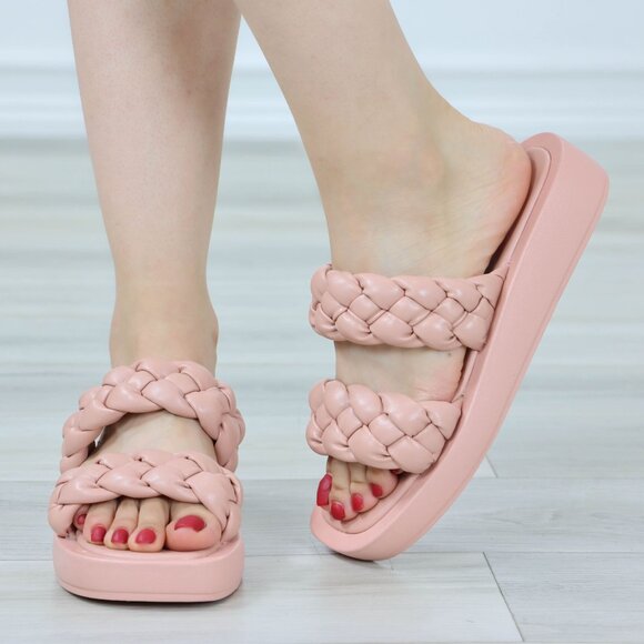 Open Toe Flip Flops Slide Sandal Faux Leather Braided Straps Slipper Slip On - Picture 4 of 13